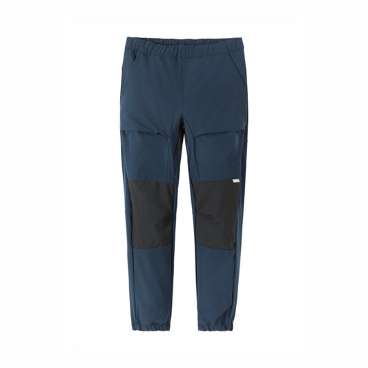A pair of dark slate blue technical pants with black knee patches, shown flat against a solid white background.