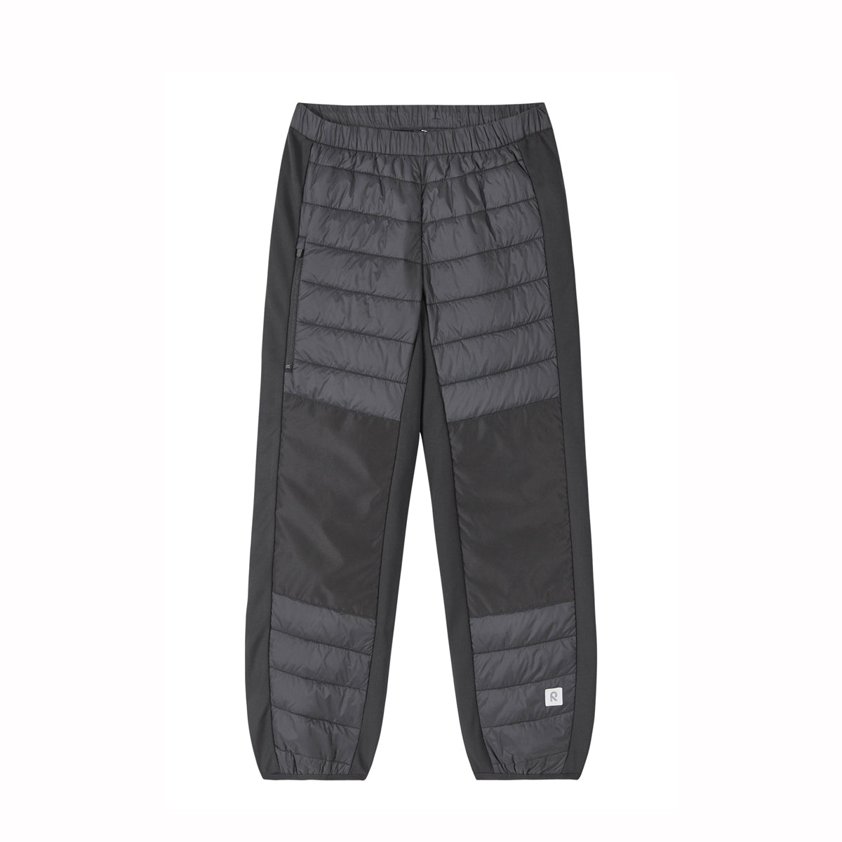 Dark gray colorblock puffer pants with horizontal quilting, elastic waistband, and zippered side pockets, shown flat on a white background.