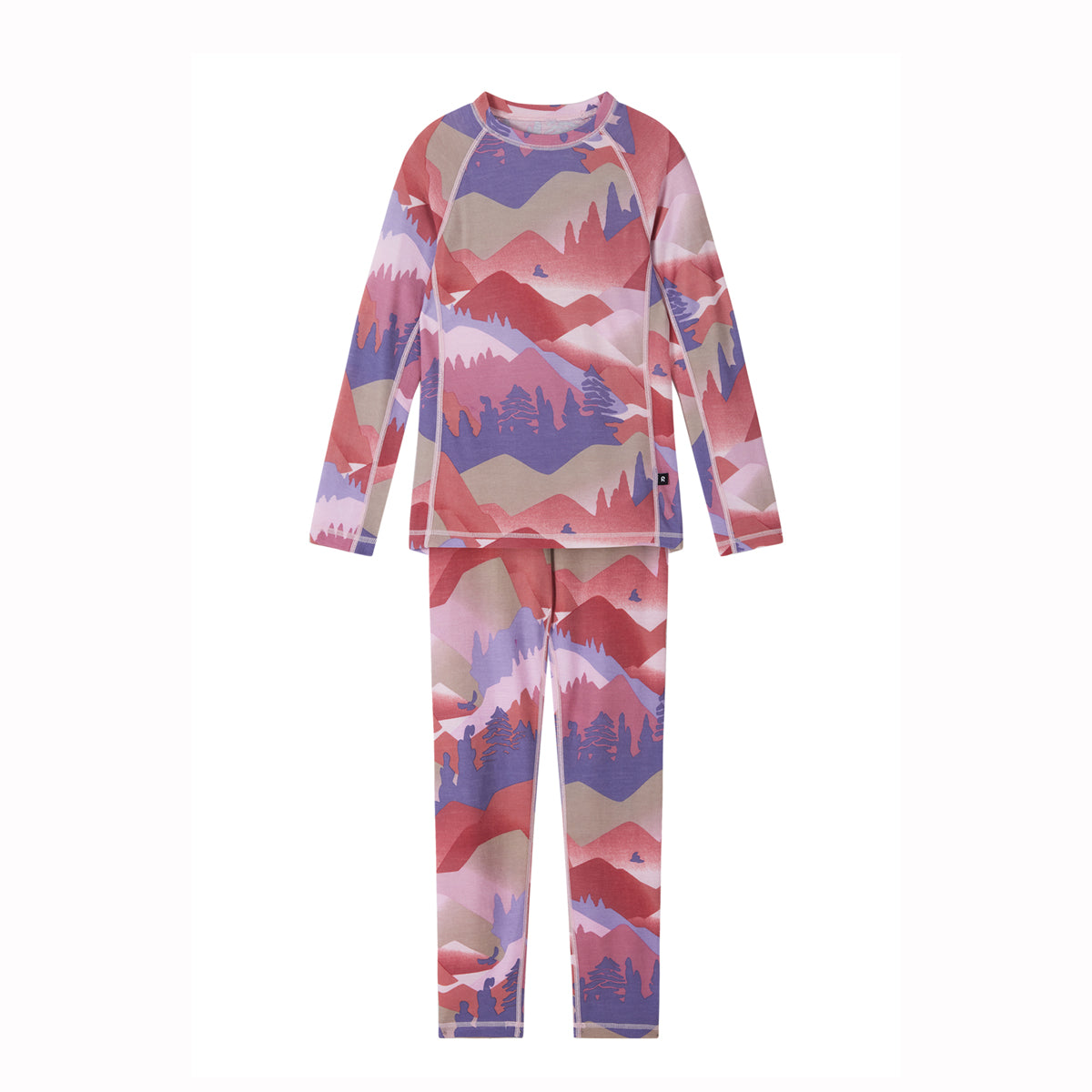 A two-piece children's thermal set featuring a long-sleeve top and matching pants with an all-over scenic mountain and forest pattern in shades of pink, red, purple, and beige, displayed on a clean white background.