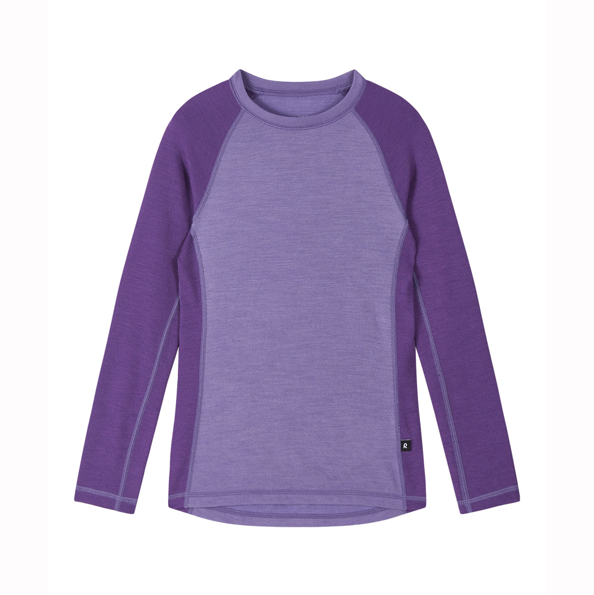 A long-sleeve raglan shirt in shades of purple, featuring a heathered medium purple body and solid darker purple sleeves and shoulder panels, shown on a plain white background.