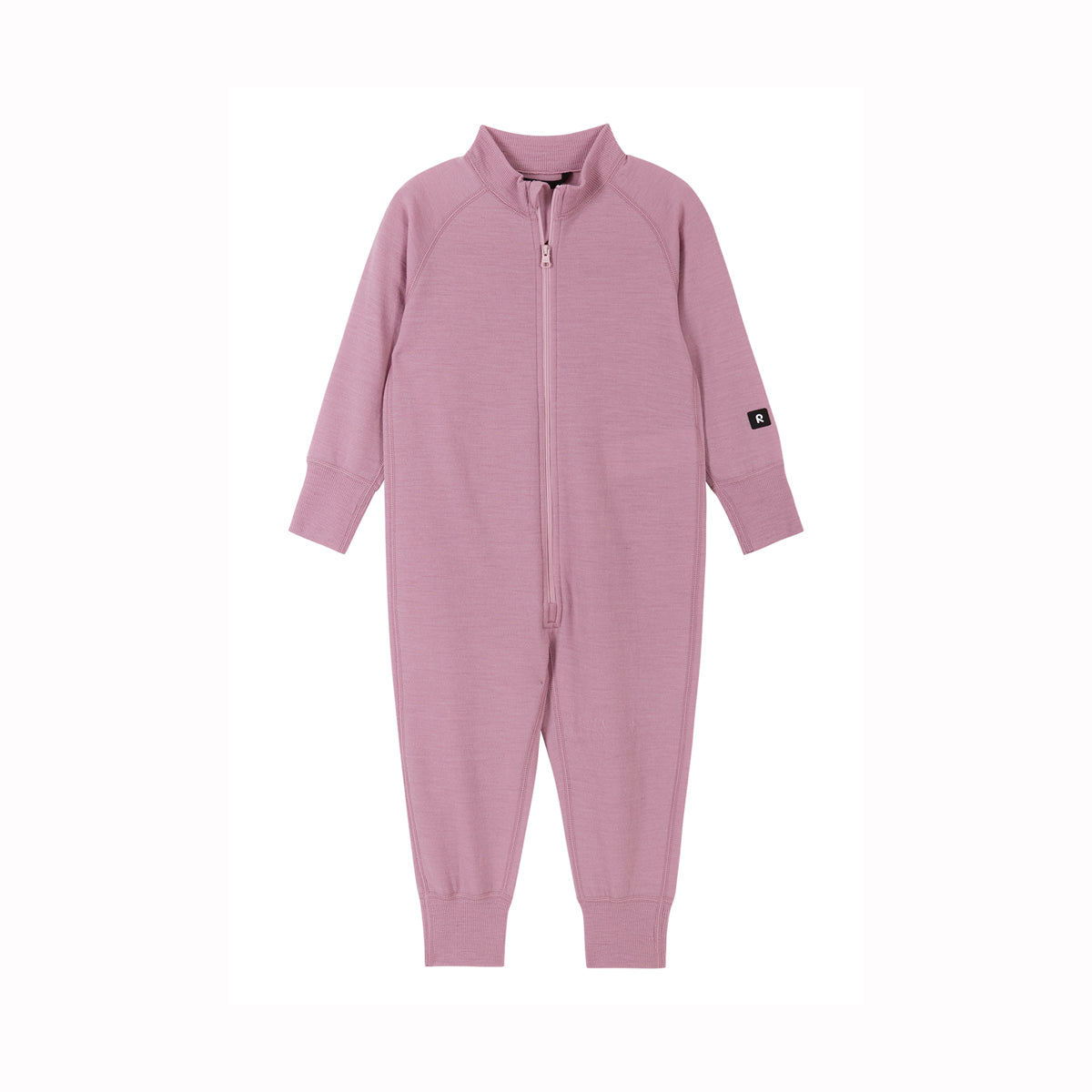 A baby's long-sleeve zip-up sleeper in a dusty pink color, shown flat against a solid white background.