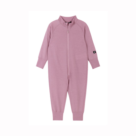 A baby's long-sleeve zip-up sleeper in a dusty pink color, shown flat against a solid white background.