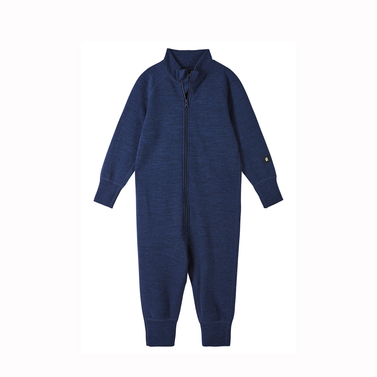A navy blue long-sleeve zip-up one-piece jumpsuit for a child, featuring a mock neck, ribbed cuffs, and ribbed ankle cuffs, shown against a plain white background.