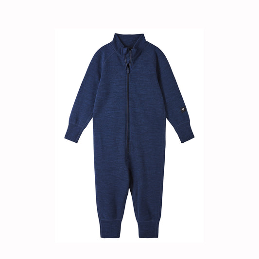 A navy blue long-sleeve zip-up one-piece jumpsuit for a child, featuring a mock neck, ribbed cuffs, and ribbed ankle cuffs, shown against a plain white background.