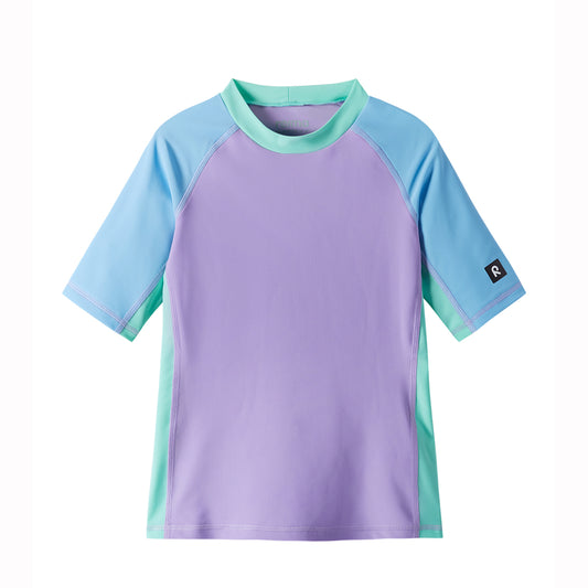 Purple and blue short-sleeve shirt with a brand logo on a white background