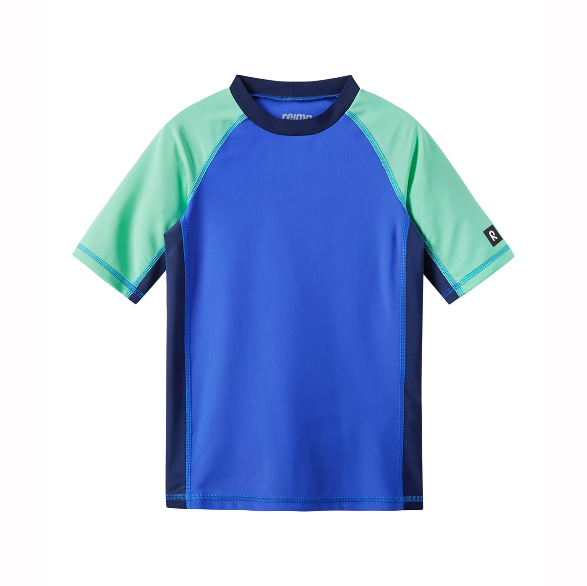 Kids UV sun top with blue body and green short sleeves on white background