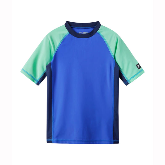 Kids UV sun top with blue body and green short sleeves on white background
