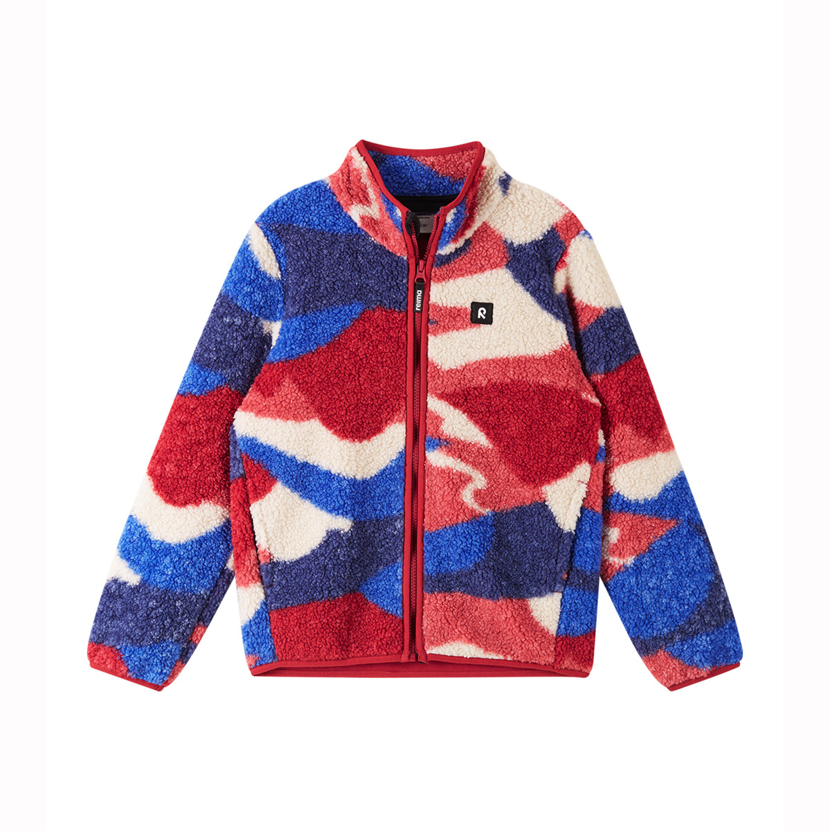 Colorful fleece jacket with a pattern on a white background