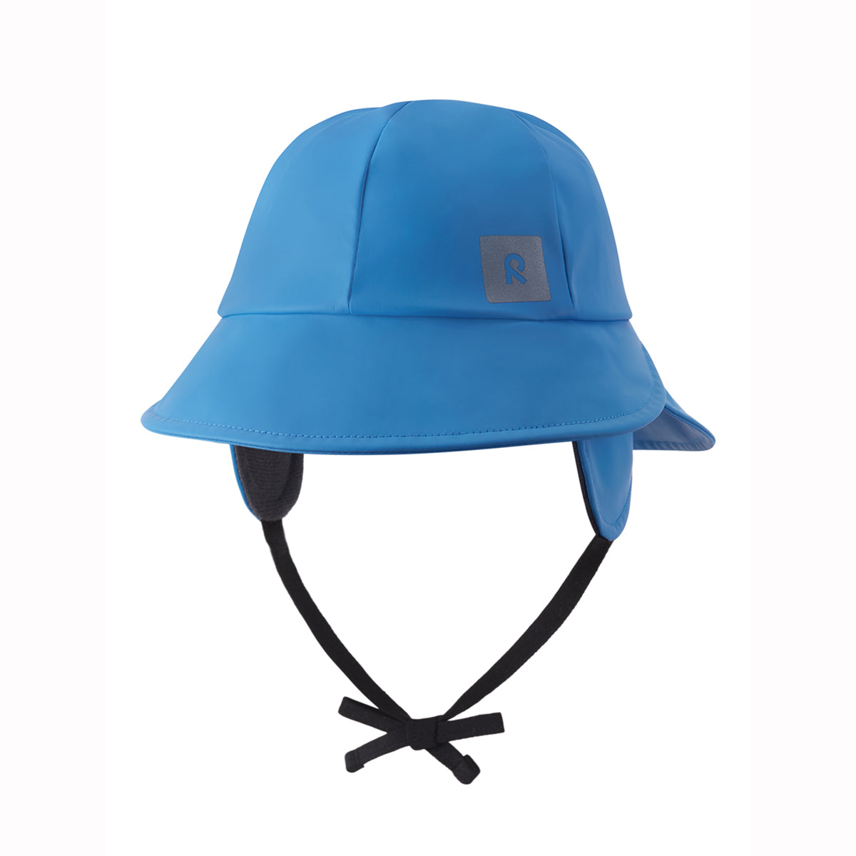 Blue kids rain hat with chin strap on a white background