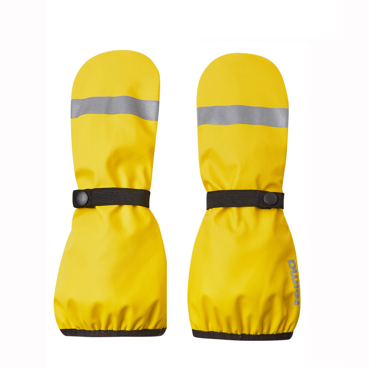 Pair of yellow kids mittens with reflective stripes on a white background