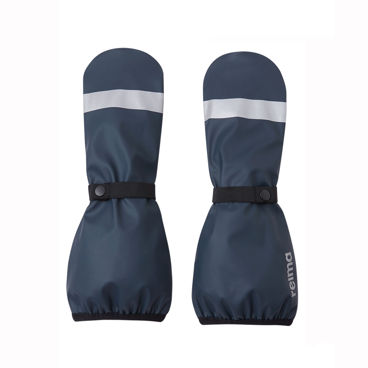 Pair of kids blue mittens with reflective stripes on a white background