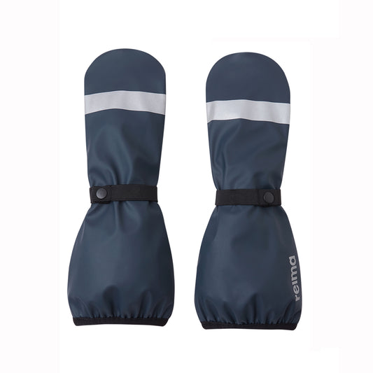 Pair of kids blue mittens with reflective stripes on a white background