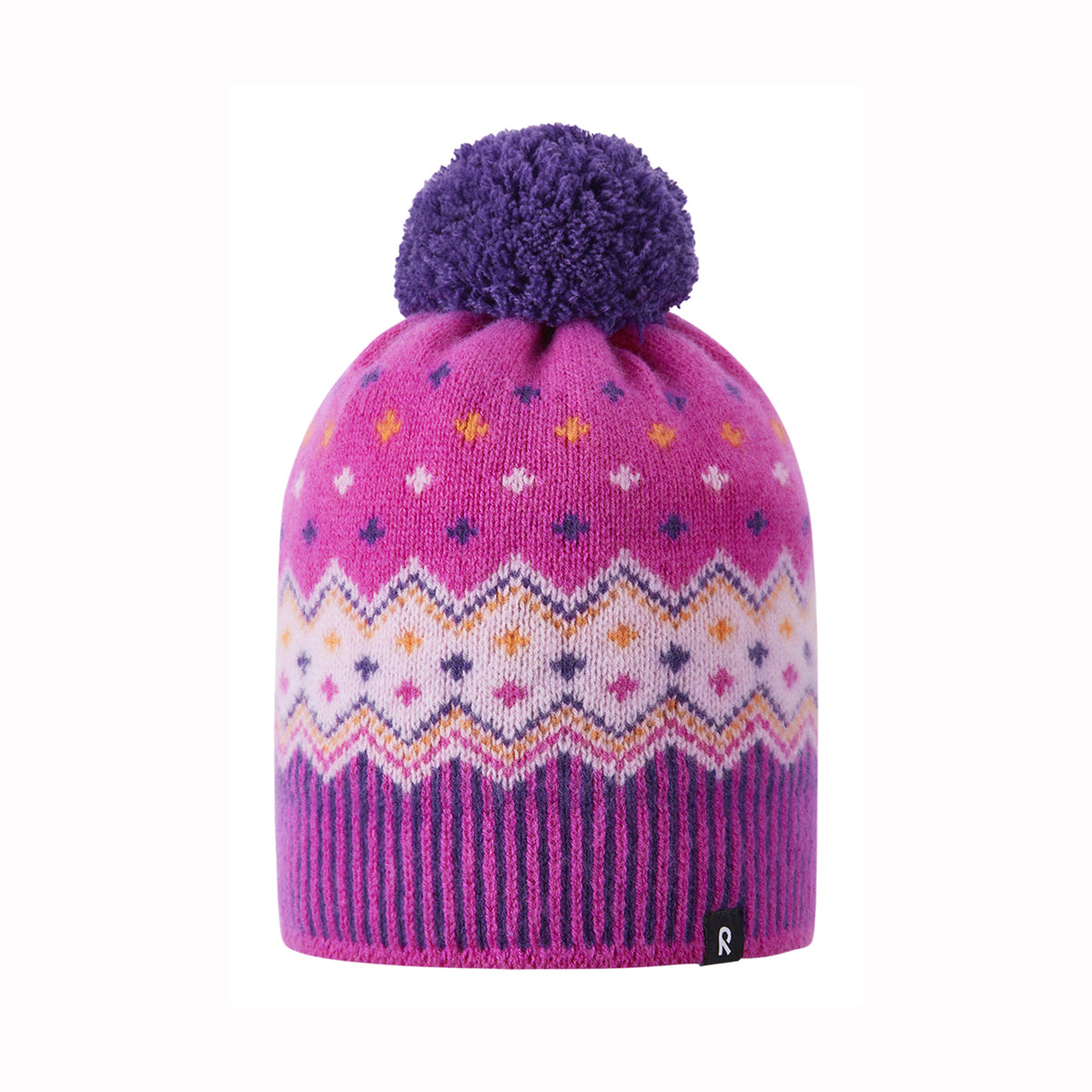 A pink and purple knit beanie hat with a matching purple pom-pom on top. The beanie features a Fair Isle pattern band in the middle with geometric zig-zag motifs in white, yellow, orange, and purple, and a solid purple ribbed knit cuff at the bottom.