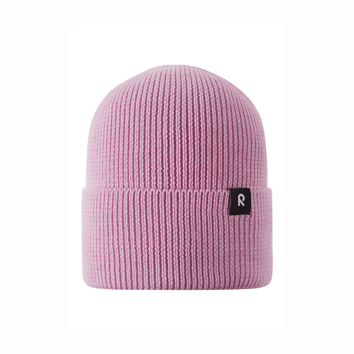 Pink knit beanie with a small logo on a white background