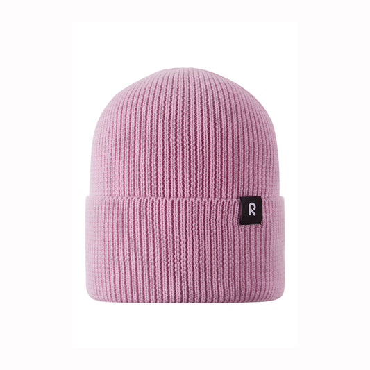 Pink knit beanie with a small logo on a white background