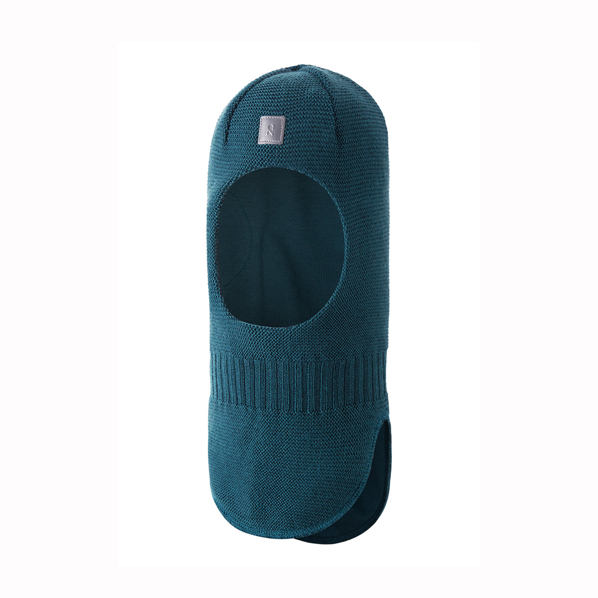 A dark teal knit balaclava face mask with a small silver square logo patch near the top, shown against a plain white background.