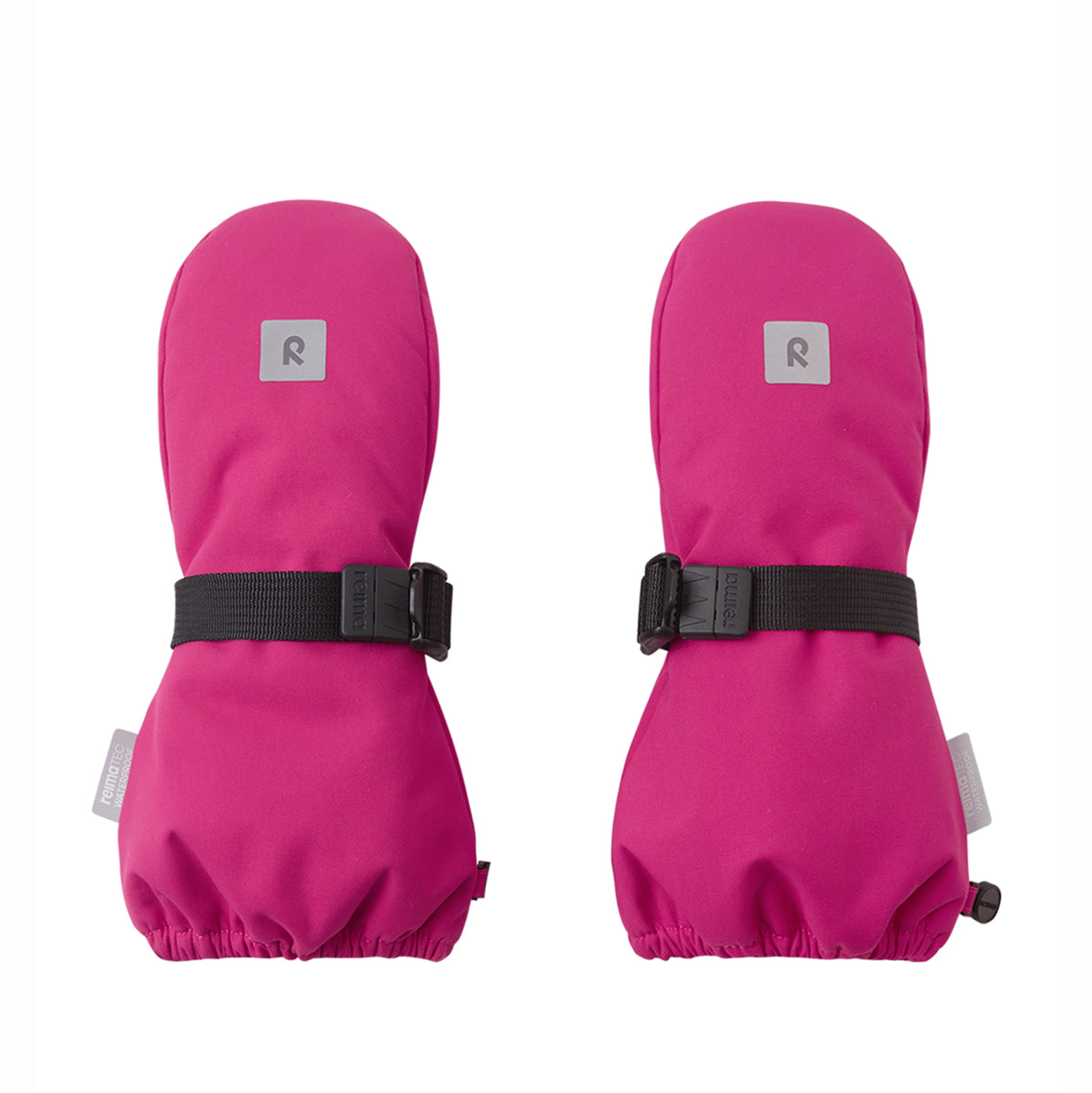 Pair of pink kids mittens with black straps on a white background