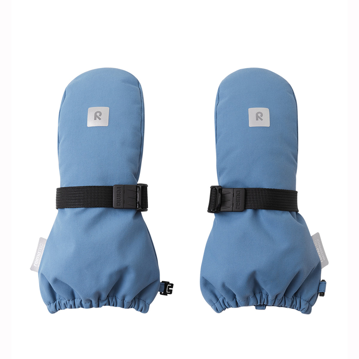 Pair of blue kids mittens with black straps on a white background