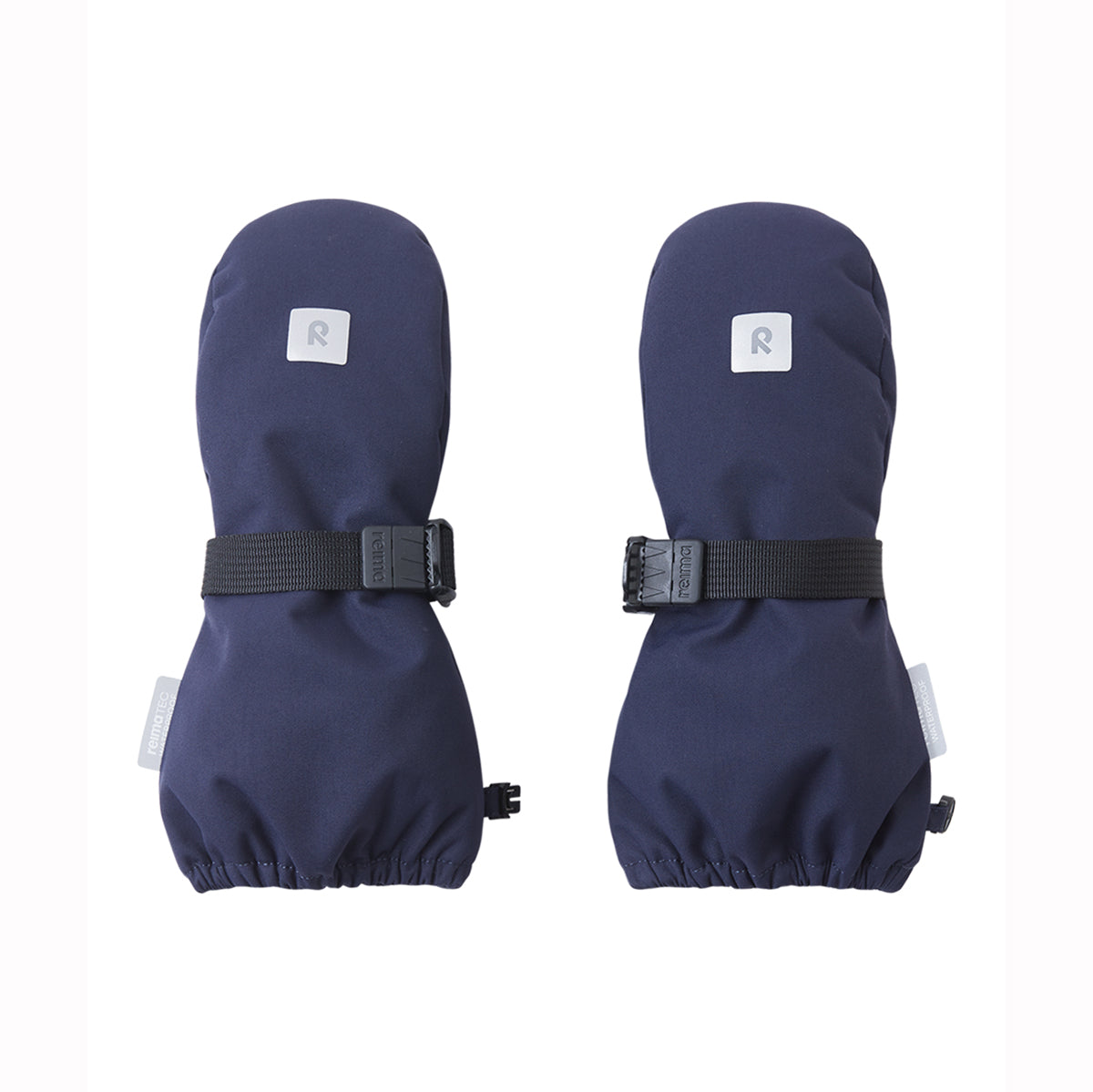 A pair of navy blue Kids winter mittens with black wrist strap and plastic buckle, shown on a plain white background.