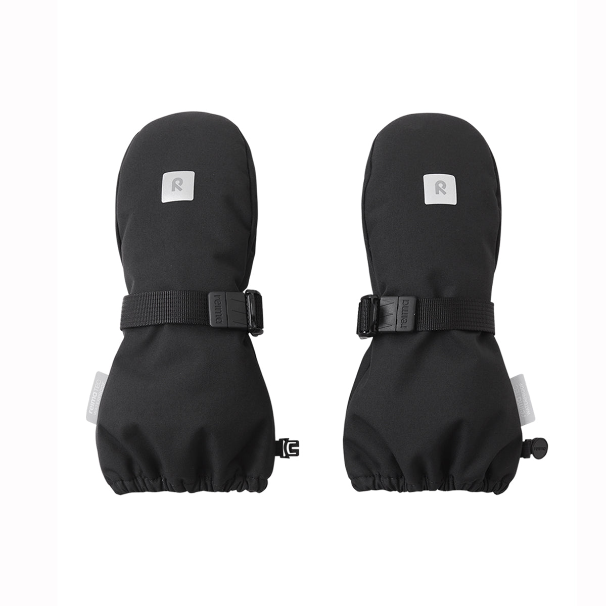 A pair of black kids winter mittens with adjustable black straps and small white square labels on the back of each mitten, shown against a plain white background.