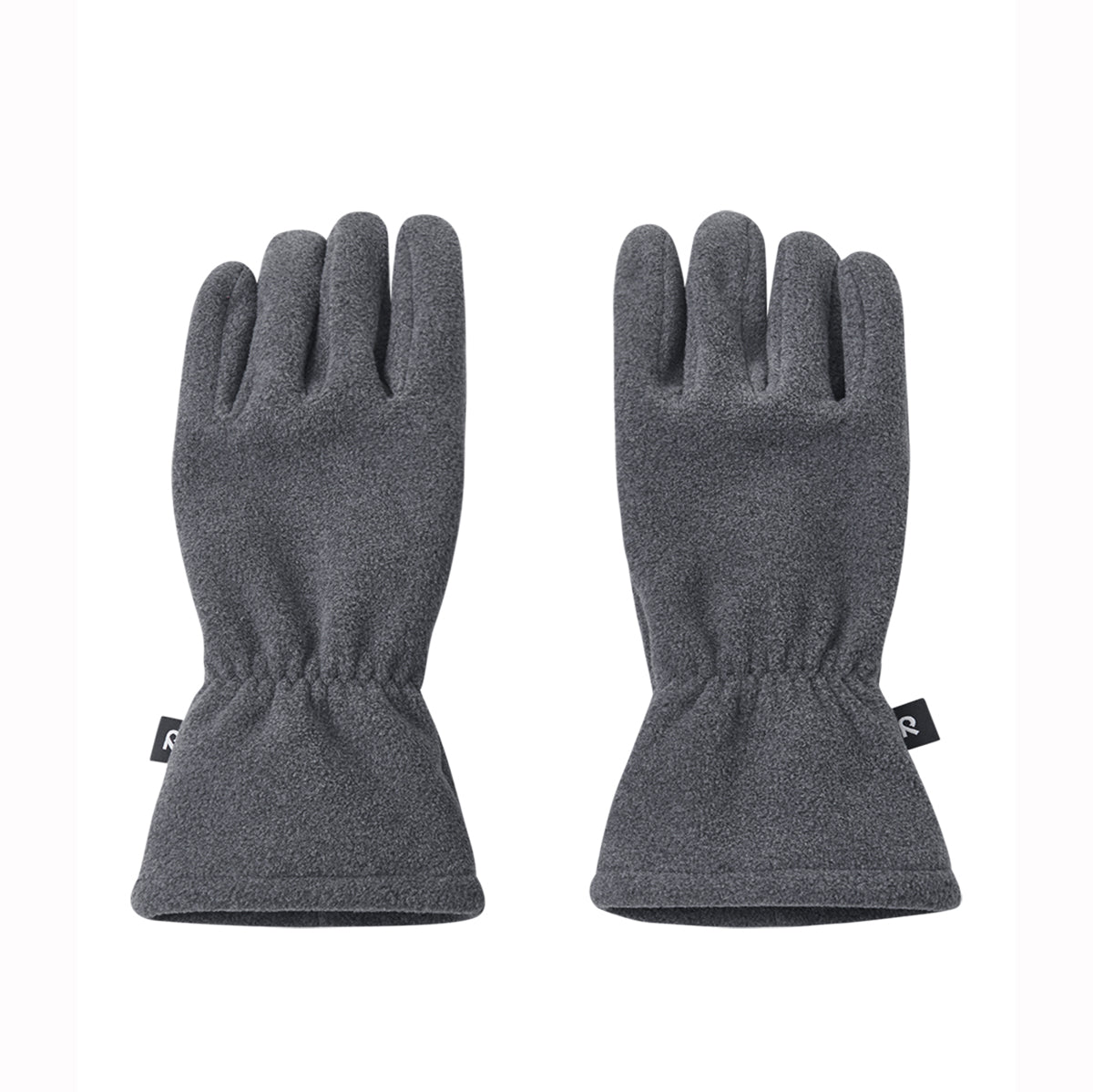 A pair of dark gray fleece winter gloves shown flat against a solid white background, with a small black brand tag visible on the cuff of each glove.