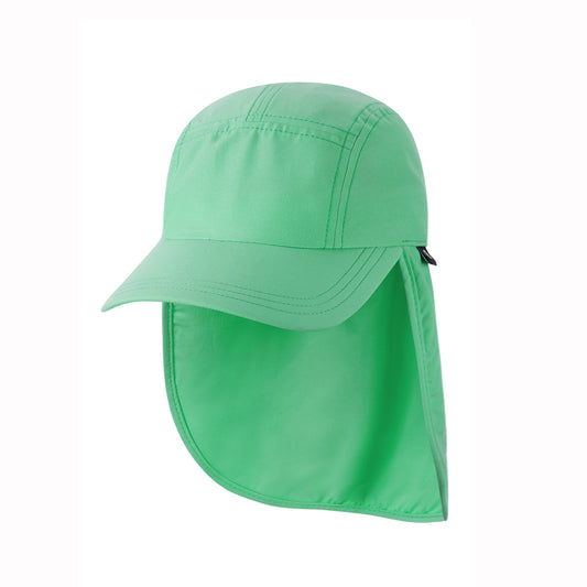 Green kids cap with neck flap on a white background
