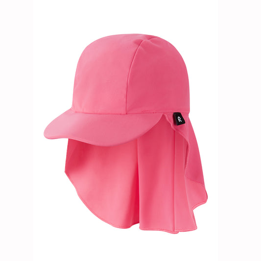 Pink kids sun hat with neck flap on a white background