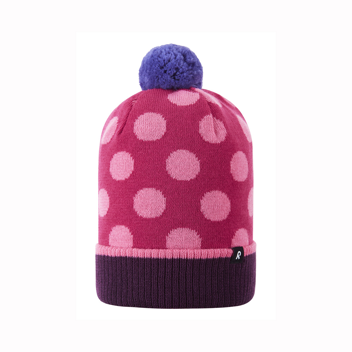 Pink polka dot beanie with a purple pom-pom on a white background