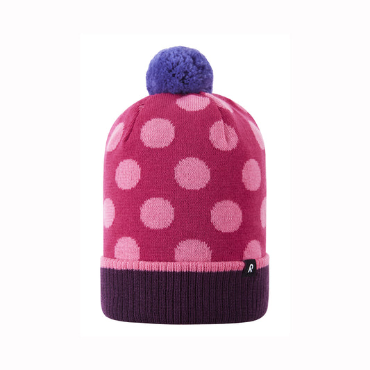 Pink polka dot beanie with a purple pom-pom on a white background
