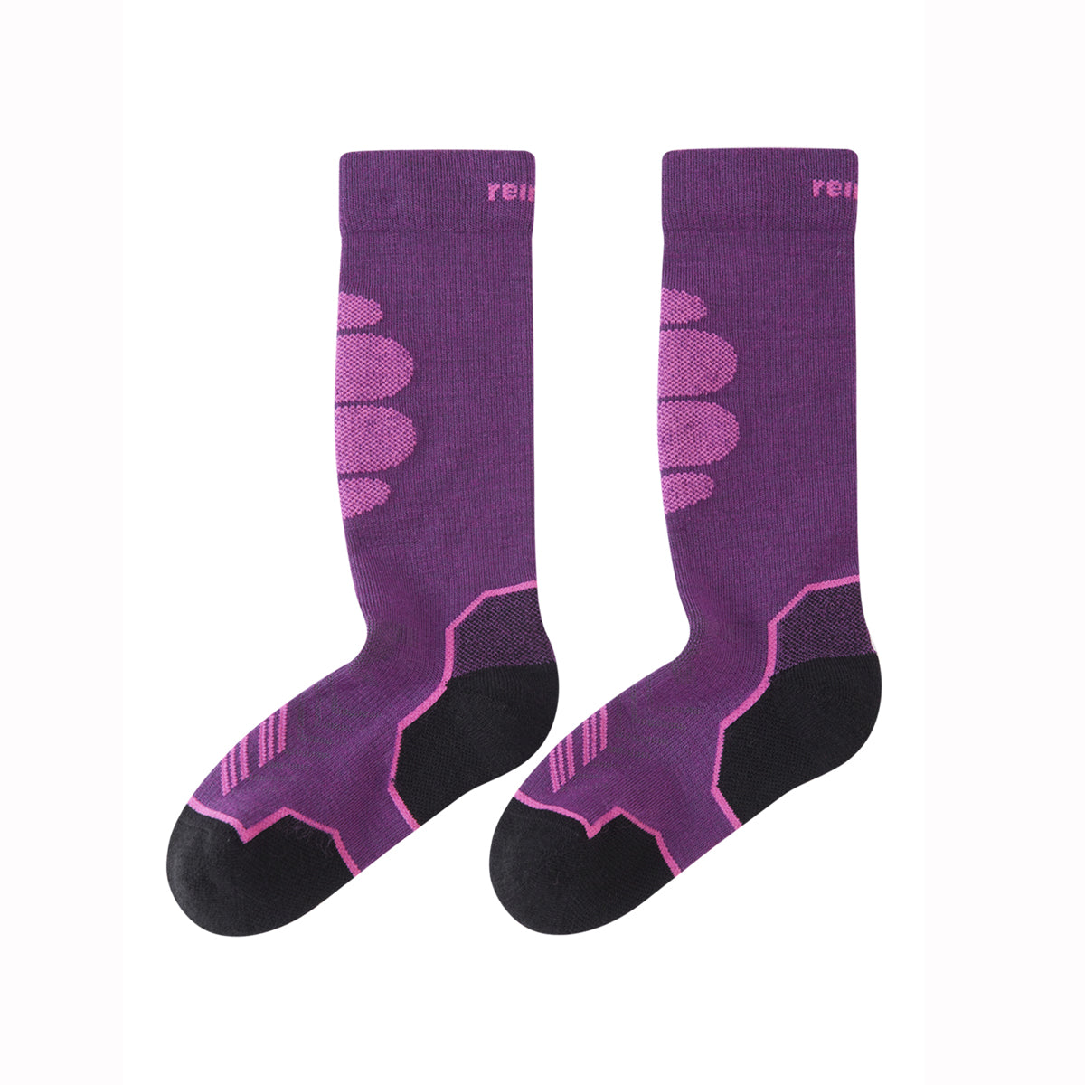 A pair of purple athletic crew socks with pink and black accents, displayed against a solid white background.