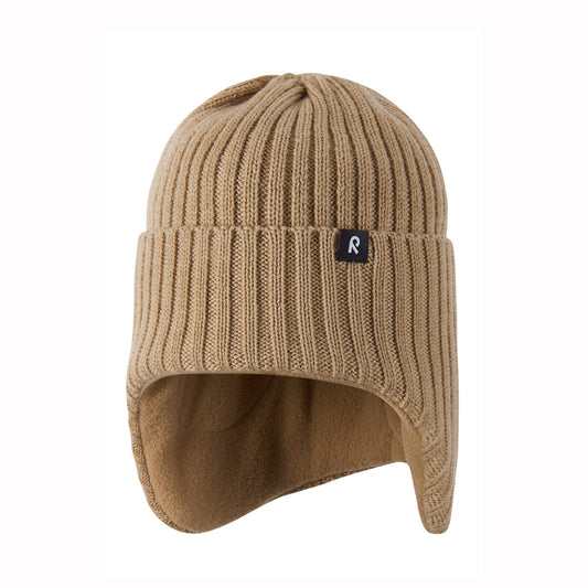 Toddler beanie is brown with earflaps on white background
