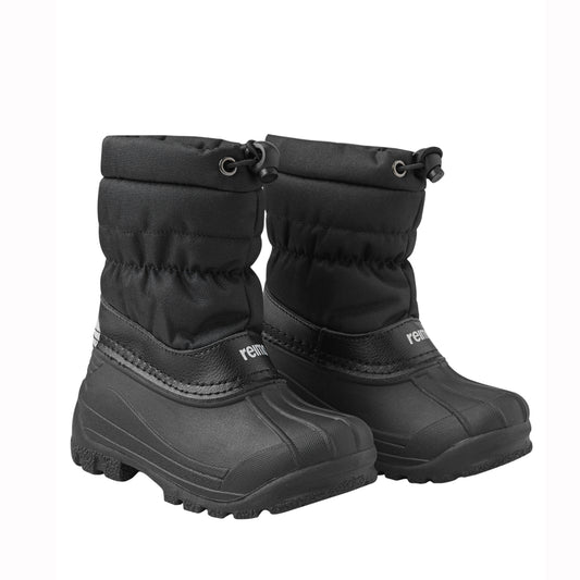 A pair of black kids winter boots with thick, textured rubber soles and padded, quilted shafts, shown against a plain white background.