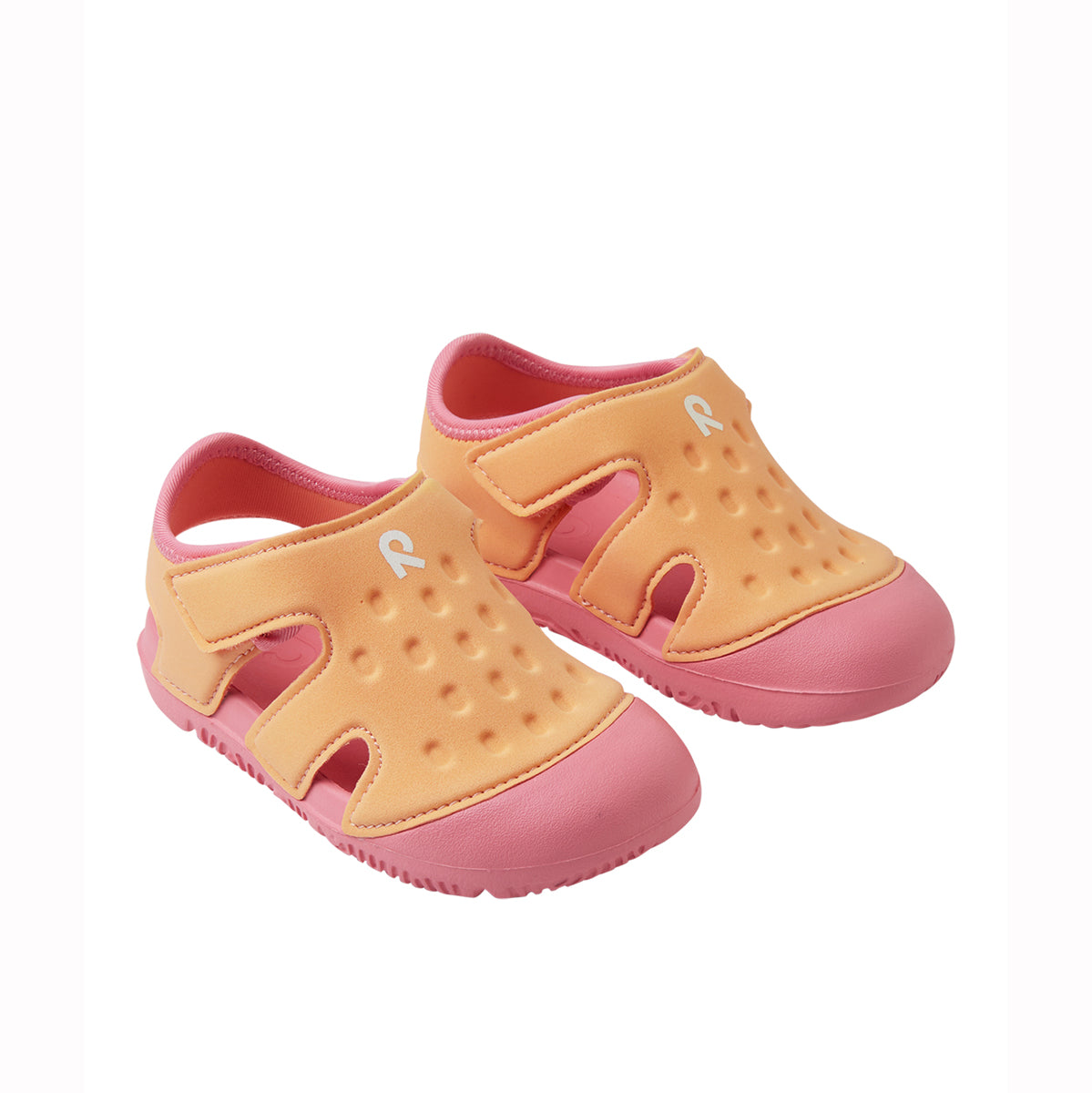 Toddler pink and orange beach sandals on white background