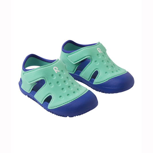 Toddler blue and green beach sandals on white background
