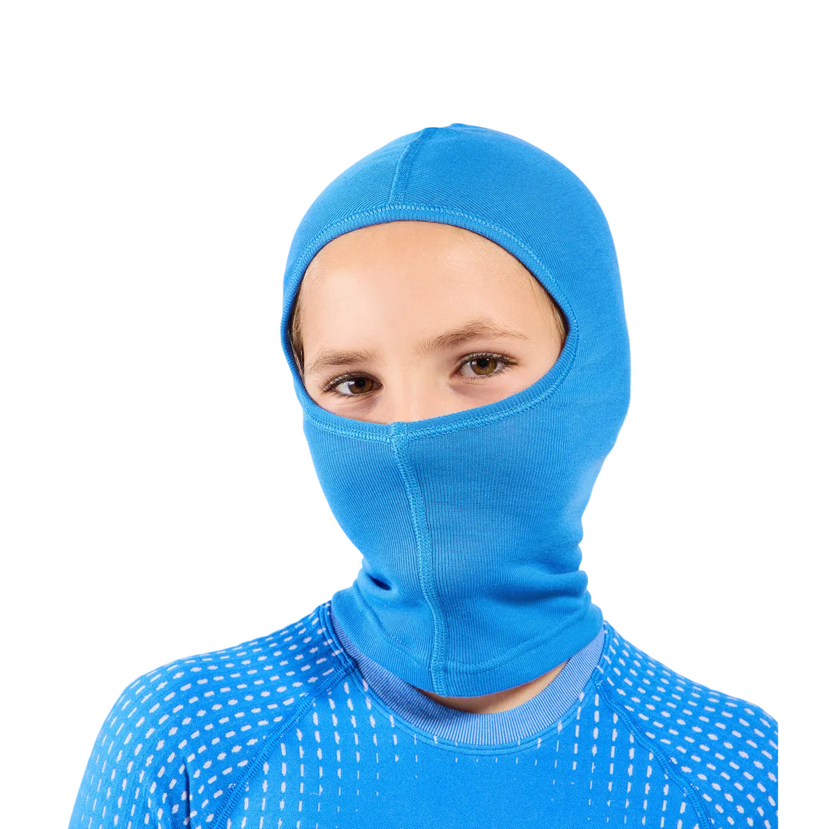 A child wearing a bright blue full-head balaclava mask over a blue patterned athletic shirt, shown against a light gray background.