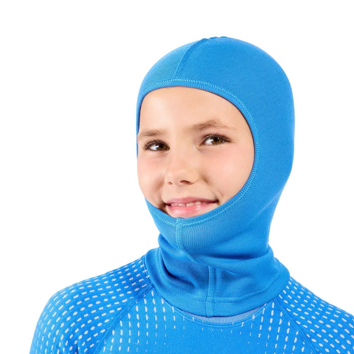 A child wearing a bright blue full-head neoprene hood or mask with a high collar, paired with a matching blue top featuring a white dotted pattern, set against a plain light gray background.