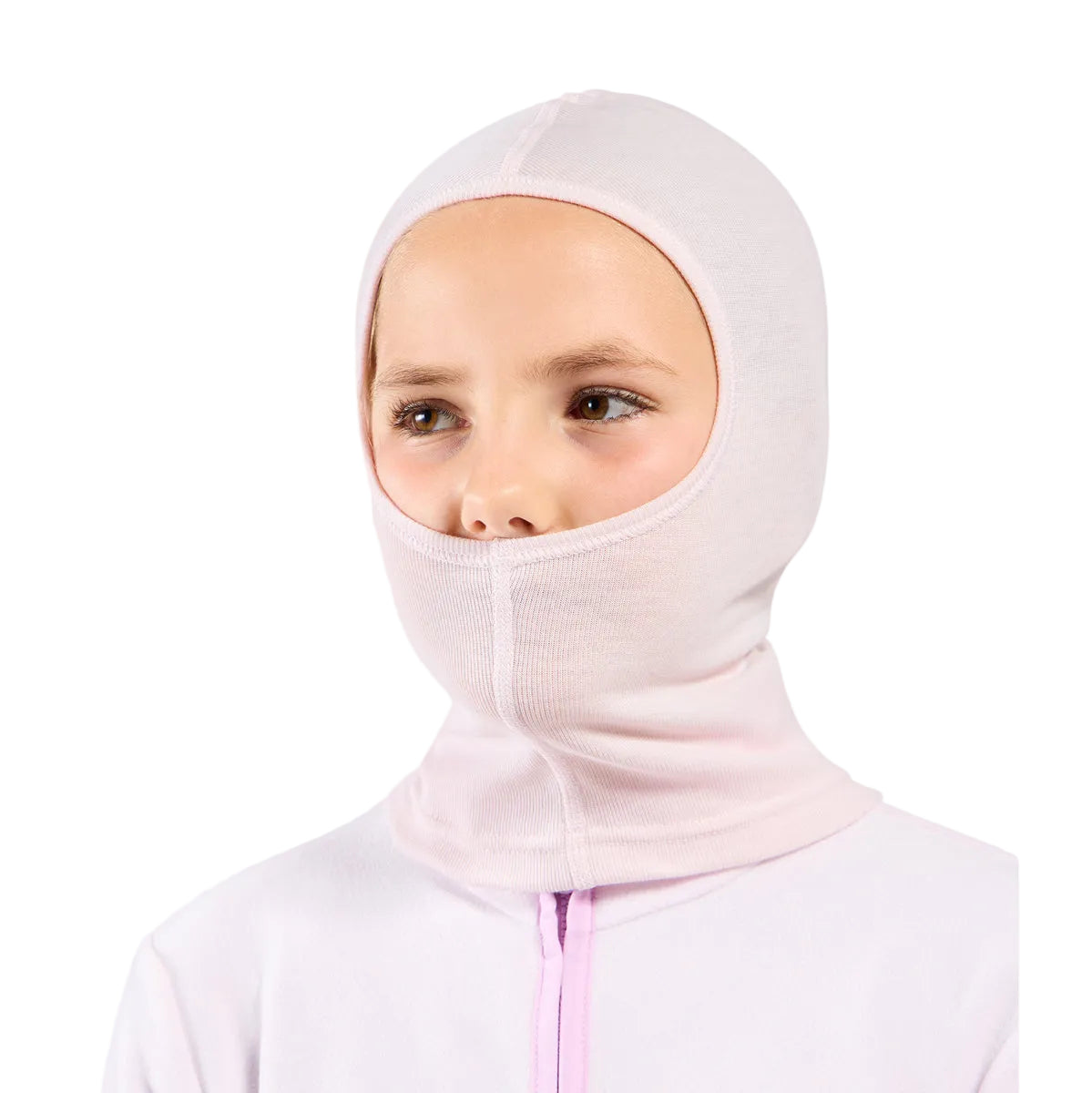 A child wearing a light pink full-head knit balaclava mask and a matching pale pink zip-up top, shown against a plain light gray background.