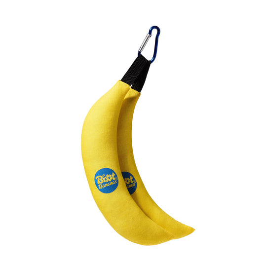 Yellow banana-shaped Shoe Deodorisers with a carabiner on a white background