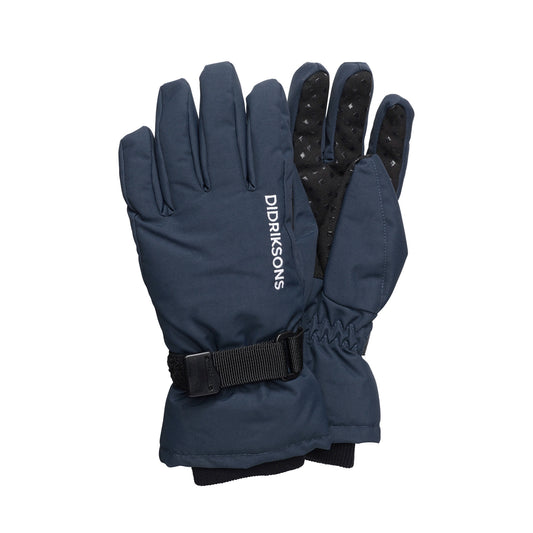 Pair of navy blue kids gloves with a black strap on a white background