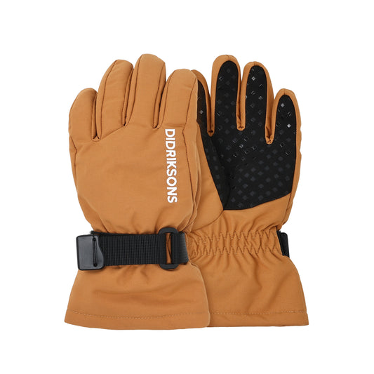 Pair of brown children's gloves with black accents and 'Didriksons' branding on a white background