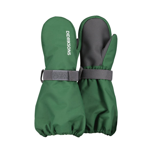Pair of kids green mittens with grey straps on a white background