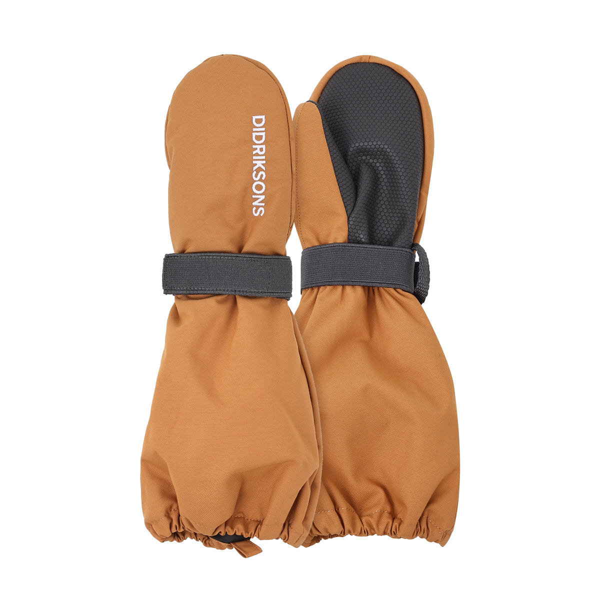 Pair of brown kids mittens with black cuffs on a white background