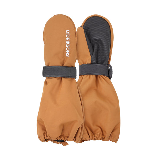 Pair of brown kids mittens with black cuffs on a white background