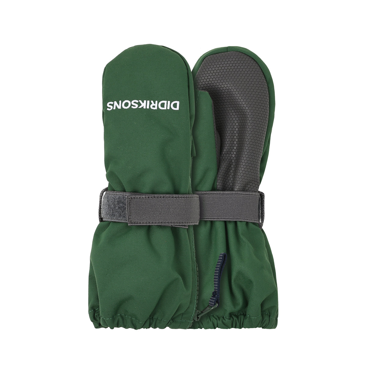 Green children's mittens with a gray strap on a white background