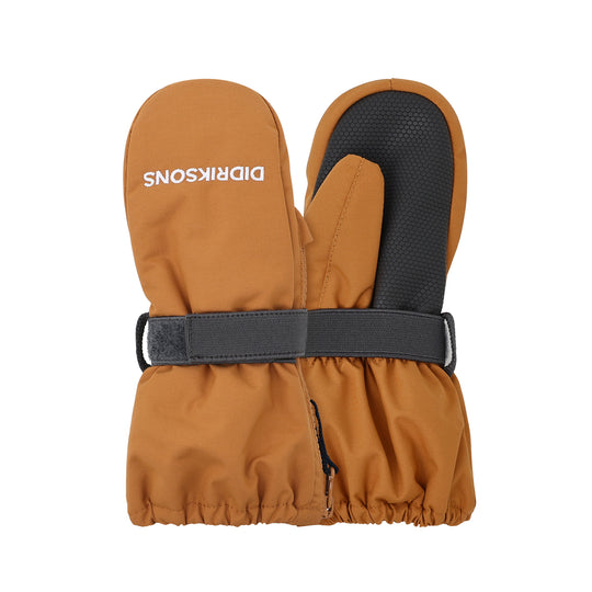 Brown mitten with black interior and strap on a white background