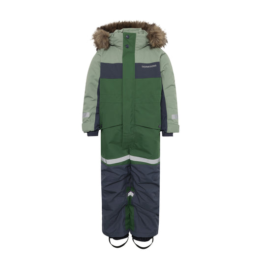 Green and navy snowsuit with fur-lined hood on a white background