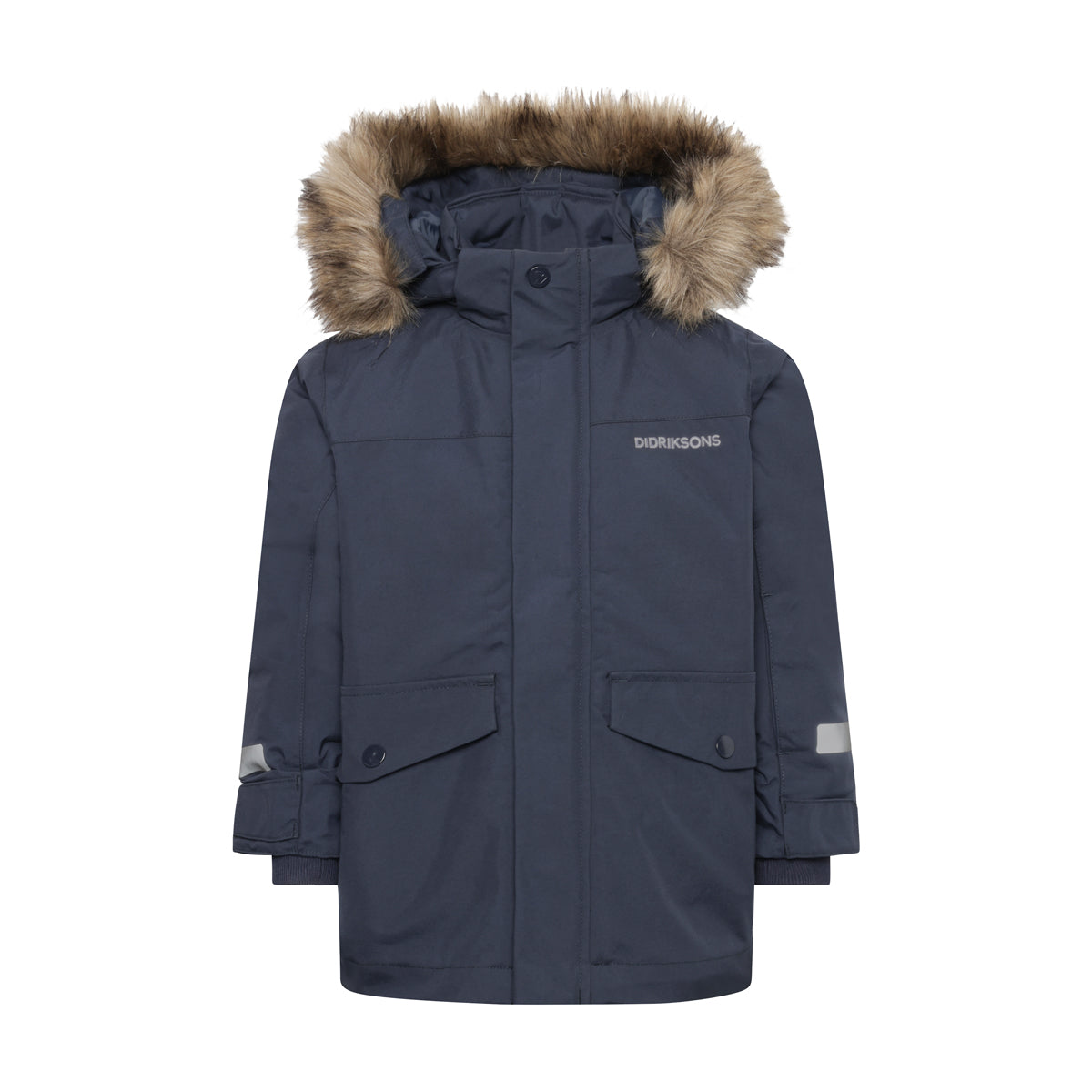 Kids Navy parka coat with faux fur-lined hood on a white background