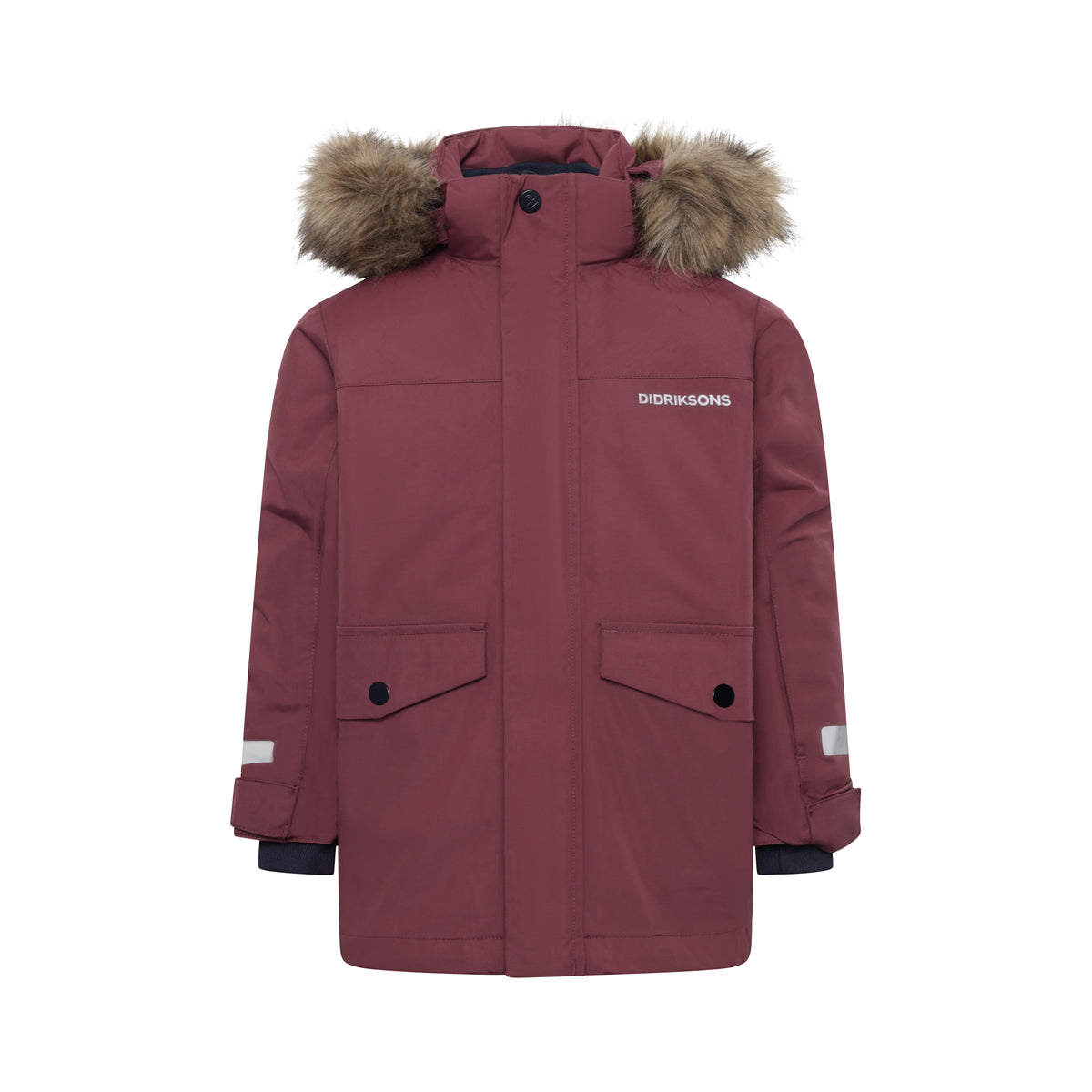 Maroon kids parka with faux fur-lined hood on a white background