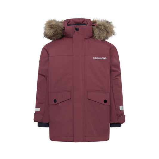 Maroon kids parka with faux fur-lined hood on a white background