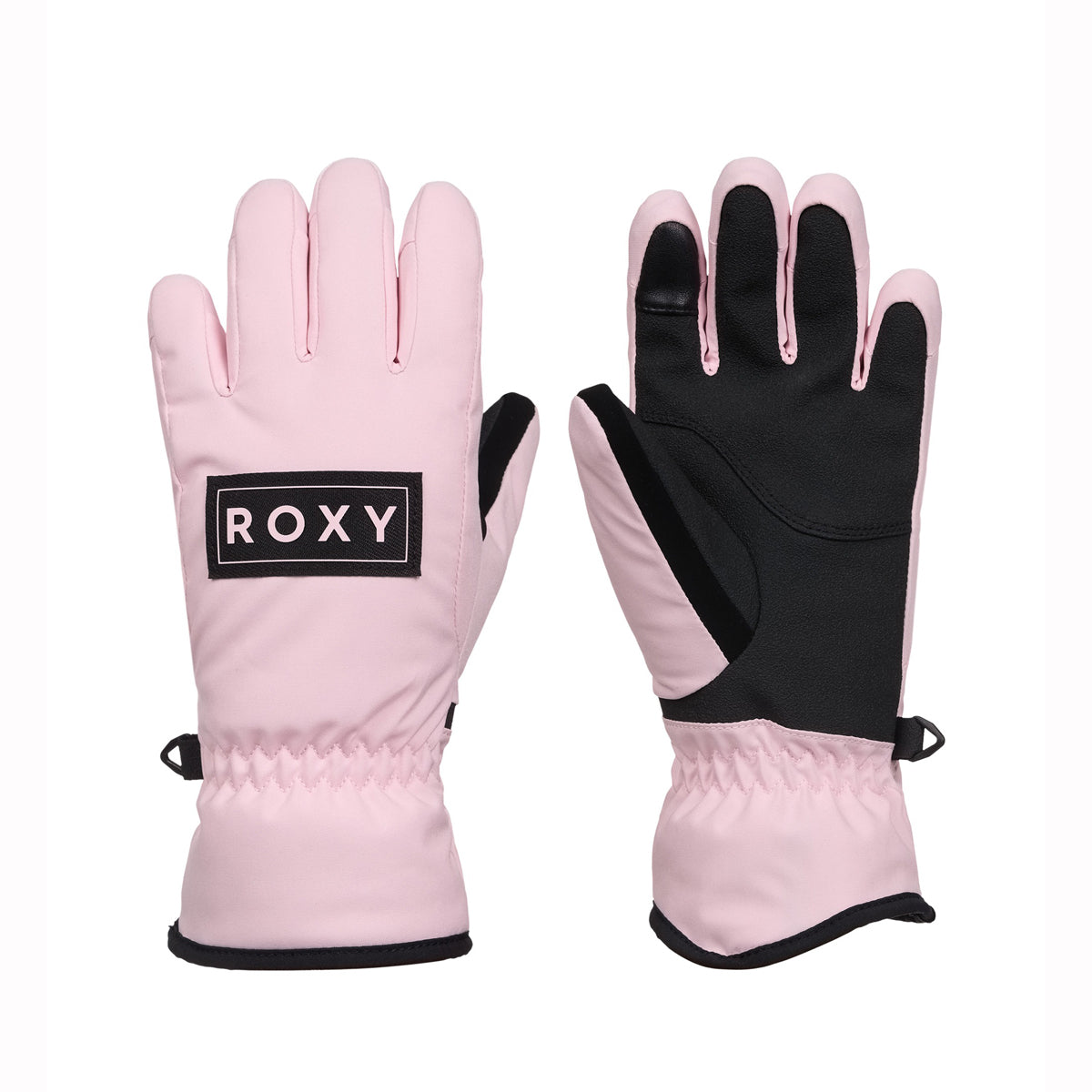 A pair of Roxy girls ski gloves in light pink and black, shown front and back against a plain white background.